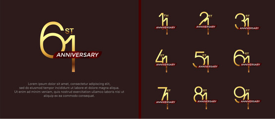 set of anniversary logo gold color and red ribbon on brown background for celebration moment