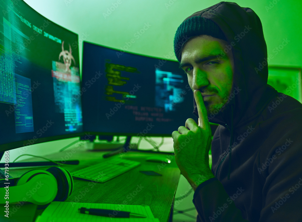Aufkleber Computer hacker, neon and portrait of a man with secret for hacking, phishing or cybersecurity software. Dark, finger on lips and person with information on pc for ransomware, privacy or programming