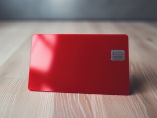 Red bank credit card on wooden table isolated AI