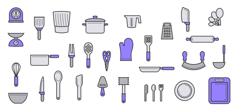 Set of 30 outline flat cartoon kitchen utensils vector illustration, kitchen scale, egg beater, bowl, cooking brush, saucepan, spoon, ladle, measuring spoon, chef knife, double mezzaluna knife, 