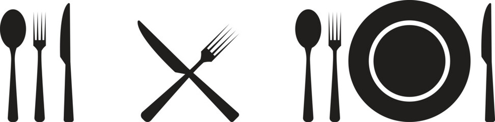 Tableware icon set flat style. Fork, knife, spoon and plate set icons. Silhouette of cutlery