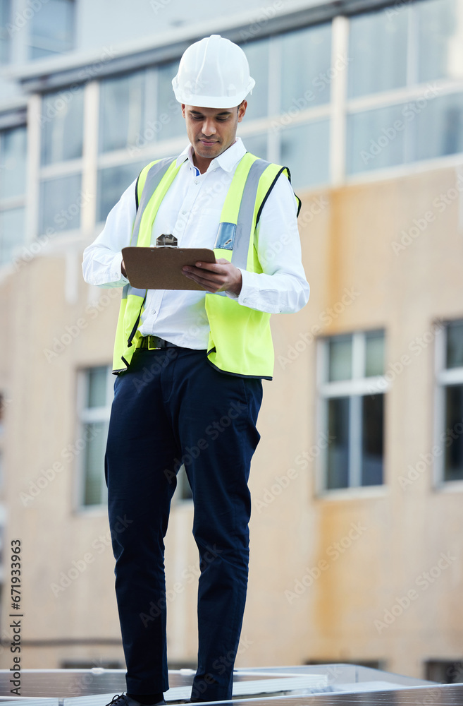 Poster notes, planning and construction worker writing about building progress, inspection and maintenance.