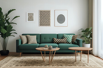Aesthetic composition of elegant living room interior with two mock up poster frame, modular sofa, wooden coffee table, patterned rug, green pillows and personal accessories. Modern living room