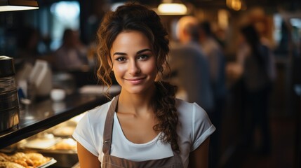 An enchanting portrait that beautifully captures the spirit of a young waitress in a bustling restaurant