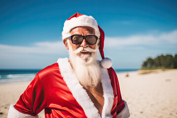 Obraz premium Cool Santa Claus with sunglasses at the beach. He must be sweating in his thick clothes.