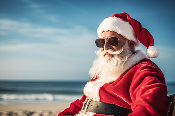 Cool Santa Claus with sunglasses at the beach. He must be sweating in his thick clothes.