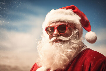 Cool Santa Claus with sunglasses at the beach. He must be sweating in his thick clothes.