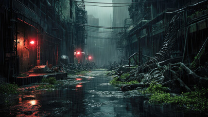 Dark street in dystopian city in rain, gloomy dirty alley with buildings overgrown with grass and...