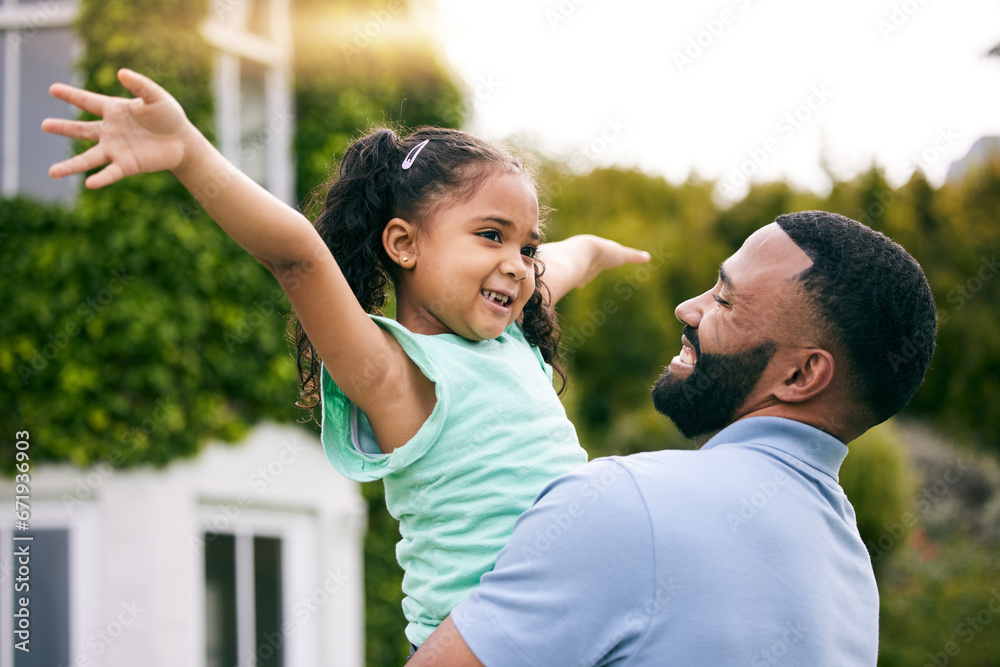 Poster Hug, relax and happy with father and daughter in garden for playful, bonding and love. Happiness, real estate and smile with man and child playing in backyard of family home for new house or laughing