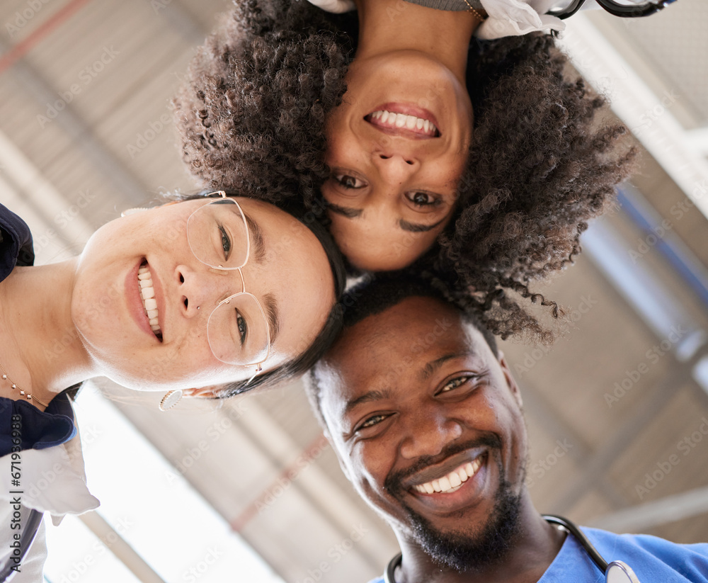 Canvas Prints Group portrait, doctors and below in circle, smile and teamwork for healthcare, wellness and friends in clinic. Man, women and diversity with support, motivation and goals for health in hospital job