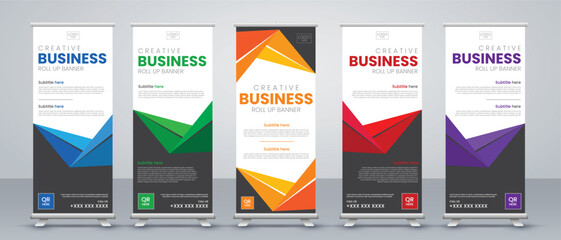 Business Roll up banner vertical template design for modern x-banner and flag-banner advertising, brochure, business, flyer, infographics in red, blue, green, yellow, and purple print ready colors 
 - obrazy, fototapety, plakaty