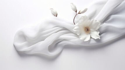 A white magnolia flower and two buds on a white silk fabric. The fabric is draped in a wave-like manner and the flower is placed on the folds of the fabric. The flower has a yellow center and the