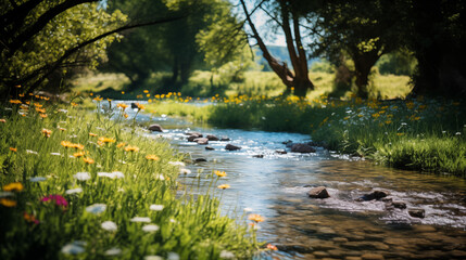 太陽の反射でキラキラ光る川のせせらぎと美しい新緑