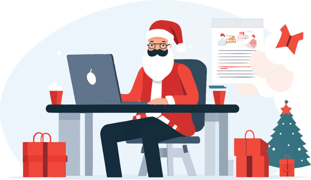 Vector Santa Claus sitting in the office, trading stocks or having a video conference.	