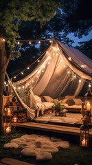 An intimate backyard wedding, complete with a cozy tent, twinkling fairy lights, and a serene,...