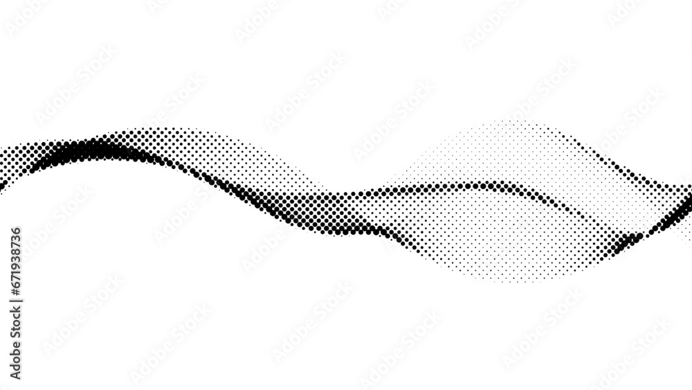 Poster Halftone wave background. Dotted flowing shape wallpaper. Abstract wavy gradient texture. Black and white curved liquid line element for poster, banner, cover. Vector backdrop.