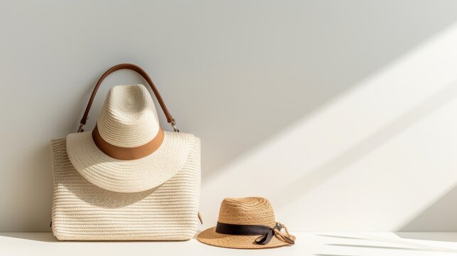 A summer accessory set with a white woven handbag and a straw fedora hat on a white background. The handbag has a brown leather handle and a flap closure. The hat has a black ribbon around the base