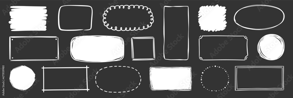 Aufkleber hand drawn doodle frame on chalkboard background. box, square, rectangle, circle shape brush pen lin