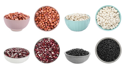 Different raw kidney beans in bowls isolated on white. Collection with top and side views