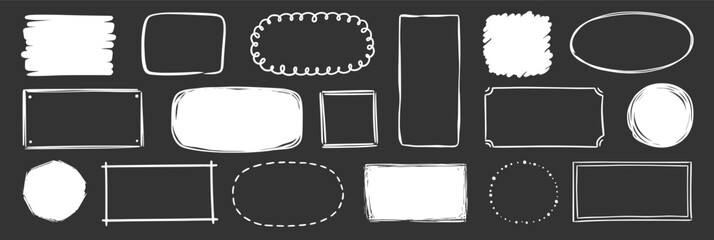 Hand drawn doodle frame on chalkboard background. Box, square, rectangle, circle shape brush pen line stroke scribble element. Hand drawn simple oval, square frame text border. Vector illustration - obrazy, fototapety, plakaty