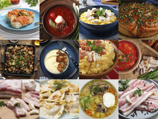 Different tasty Ukrainian dishes. Collage with borscht, cabbage rolls, banosh, pampushky, varenyky and others
