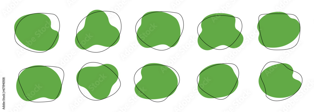 Poster Organic blob shape, abstract green color amoeba, irregular fluid element set. Simple flat abstract splodge, amoeba blob figure, liquid shape graphic design element. Vector illustration.