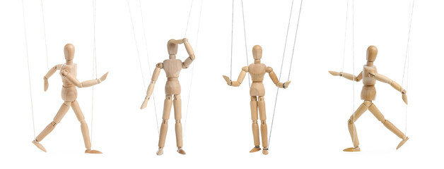 Wooden puppet with strings on white background, collection of different poses