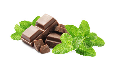 Pieces of milk chocolate and mint leaves isolated on white
