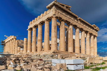 The Parthenon temple on a bright day at Acropolis site in Athens, Greece