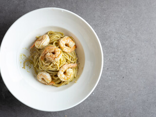Shrimp basil pasta on a plate