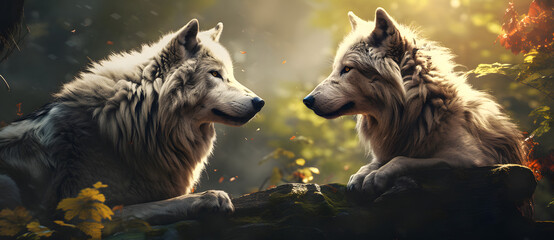The male and female wolves look at each other in the forest 2 - obrazy, fototapety, plakaty