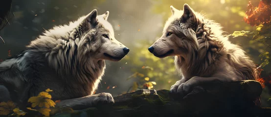 Foto op Aluminium The male and female wolves look at each other in the forest 2 © 文广 张
