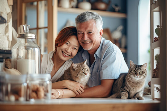 Portrait of Asian senior couple with their cats in the house background.