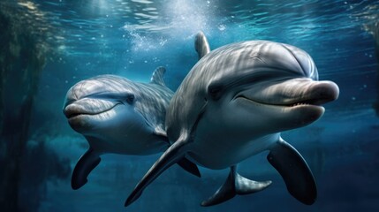 Dolphins playfully interacting in pristine marine environment, sunlight filtering through.