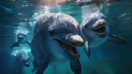 Group of dolphins swimming joyfully under sunlight, clear blue waters.