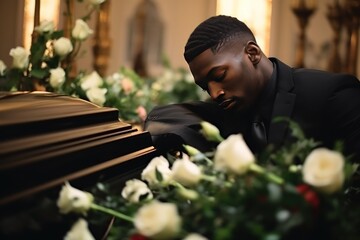 Young African American man says goodbye to a deceased man in a church. Сoffin, flowers and a grieving relative are nearby. The pain of loss and leaving for a better world. - obrazy, fototapety, plakaty