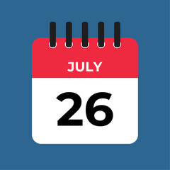 july 26 calendar reminder. 26 july daily calendar icon template. Calendar 26 july icon Design template. Vector illustration