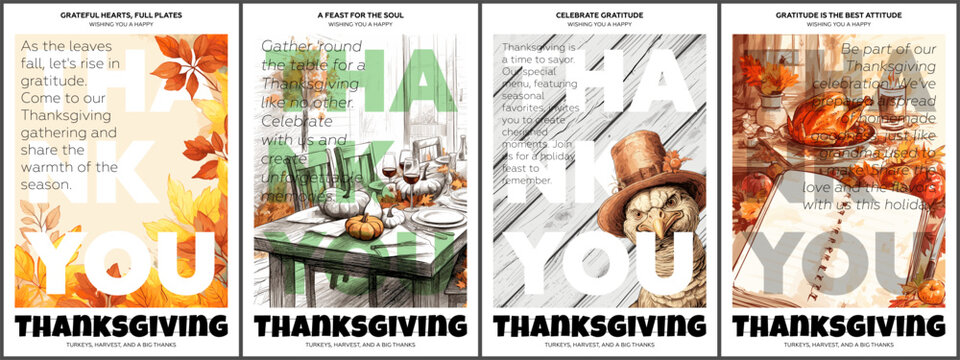 Happy Thanksgiving holiday poster set. Traditional autumn Thanks Giving day celebration print collection. Seasonal fall turkey and pumpkin pie family fest placard. Drawing art cover vector eps design
