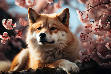 Akita Inu on the background of flowering trees, close-up photo, Ai art