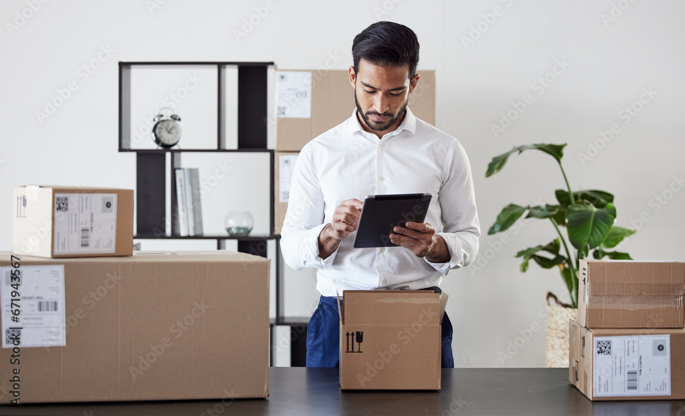 Canvas Prints Tablet, box and business man for shipping for logistics, delivery startup and distribution service. Ecommerce, supply chain and male person on digital tech planning for package, parcel and cargo