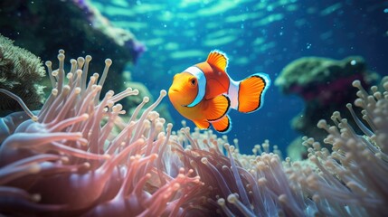 Naklejka na ściany i meble Tropical clownfish amidst luminous sea anemones in aquatic setting. Marine animals and corals.