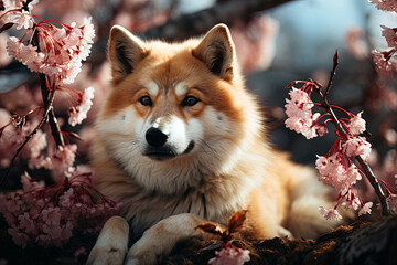 Akita Inu on the background of flowering trees, close-up photo, Ai art