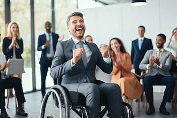 Satisfied and successful middle-aged people with disabilities celebrating success. Men and women of different ages smile, expressing happiness after completing a successful joint project.