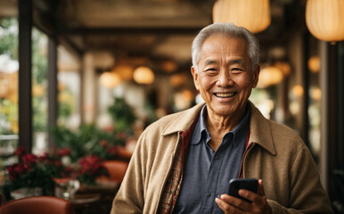 Asian elderly man using his mobile phone sitting in a cafe, online with his family on a beautiful sunny day, space for text
