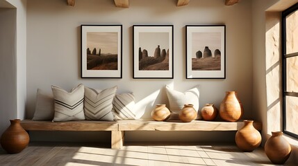 a poster and framed pictures with blank black frame, in the style of light bronze and light beige, contemporary classicism, minimalist textiles, vray, uhd image, striped painting, barbizon school