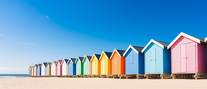 brightly colored beach huts line front blue sky city anisotropic filtering blessed aisles crisp details better homes gardens barrels contrast light
