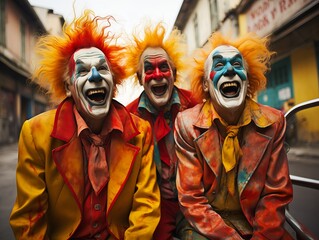 clowns dressed clothing clown makeup sitting car avatar happy grin three heads quarter notes sewer knowing expression red orange colored free