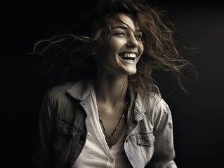 smiling woman long hair blowing wind models wearing shirt profile laughing man looks ecstatic singer songwriter face short haircut - obrazy, fototapety, plakaty