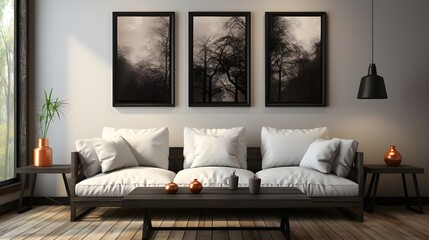 a white sofa and two black wooden tables and blank frames mockup, in the style of uhd image, albert joseph moore, black and beige, quadratura, minimalist strokes, solarizing master, mirror