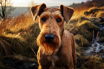 Portrait of Airedale Terrier, close up photo. Ai art